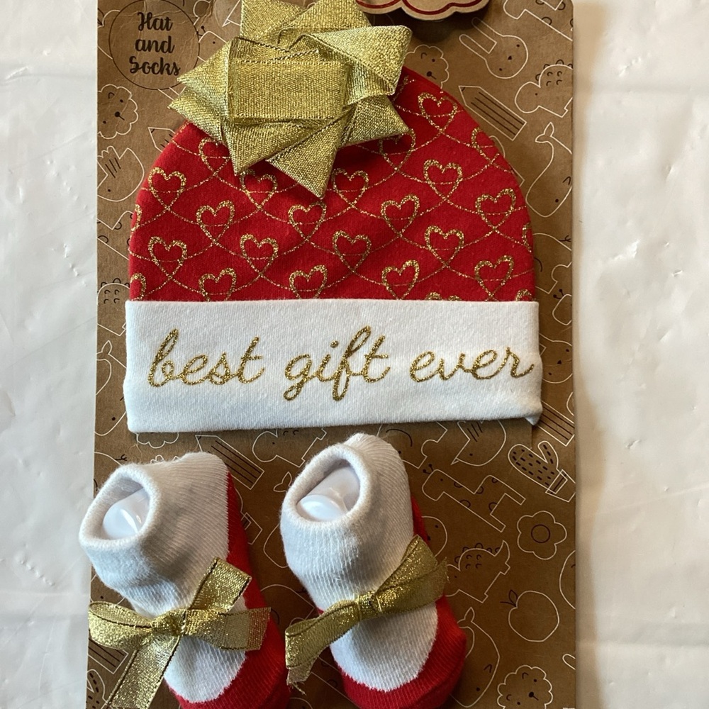 Baby Essentials Red and Gold Gift Hat and Socks Set